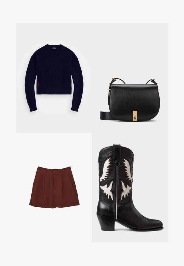 Granatowy, krótki sweter wykonany z miękkiego dzianiny, z prążkowanym kołnierzem i dołem, z czerwonym haftowanym logo polo w lewym dolnym rogu.; Bordowe szorty wykonane z gładkiego materiału, charakteryzujące się klasycznym krojem z płaskim przodem, kieszeniami po bokach i wywiniętym brzegiem.; Czarne skórzane kowbojskie buty z białymi kątowymi akcentami, z dekoracyjnym przeszyciem, spiczastym noskiem i niskim, warstwowym obcasem.; Czarna skórzana torba na ramię z metalowym akcentem w złotym odcieniu i regulowanym paskiem, charakteryzująca się gładką teksturą i zaokrąglonym kształtem.