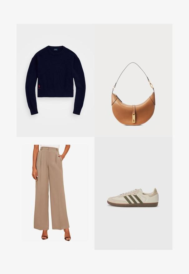 Jūras zilas kratas džemperis, kas izgatavots no mīkstas adītas materiāla, ar ribotu apkakli un apakšmalu, uz kreisās apakšējās daļas ir sarkans izšūts polo logo.; Friends Like These PREMIUM WIDE LEG - Auduma bikses - natural; adidas Originals SAMBA OG UNISEX - Sporta apavi - alumina/medium dark khaki/gum; Brūnas ādas rokassomi ar izliekta formu, zeltīta aparatūra un plāns plecu siksniņš. Aprīkota ar rāvējslēdzēja aizdari un logo detaļu uz priekšpuses.