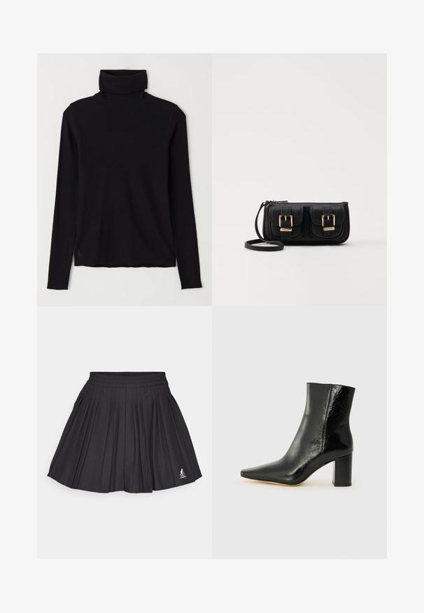 Fekete garbó pulóver bordázott anyagból. Hosszú ujjak, testhezálló forma, és enyhén lazább alj, látható minták vagy fémrészek nélkül.; Fekete, pleats-es szoknya, elasztikus derékkal, a jobb alsó sarokban logóval, fehér háttér előtt.; Fekete bokacsizma fényes bőrből, hegyes orral és tömör, négyzet alakú sarokkal. Simácska textúrával és minimalista dizájnnal rendelkezik.; Fekete bőr keresztbody táska két elülső zsebbel, arany csattokkal, cipzáras záródással és vékony pánttal. Textúrált felület és kompakt téglalap alak.