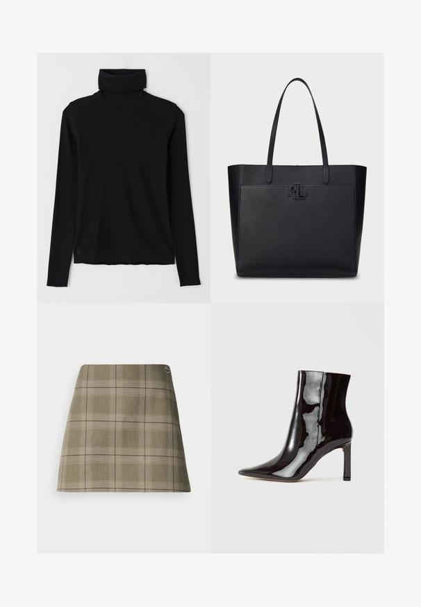 Must must sõrmikuvahega riidest. Pikkade varrukatega, kehaehitusele lähedal disain ja veidi lõdvem äär, ilma nähtavate mustrite või detailideta.; Olive roheline ja beež plaaditud mini seelik, millel on sirge lõige, peen tekstuur ja väike logo aktsent vöökohtade lähedal.; Mustast lakknahast pahkluu saabas terava nina ja sujuva siluetiga. Sisaldab stiletto kontsa ja siledat tekstuuri.; Must musta kott, millel on tekstureeritud pind, kahekordsed käepidemed ja esiküljel reljeefne "RL" logo. Ristkülikukujuline kuju, minimalistik disain.