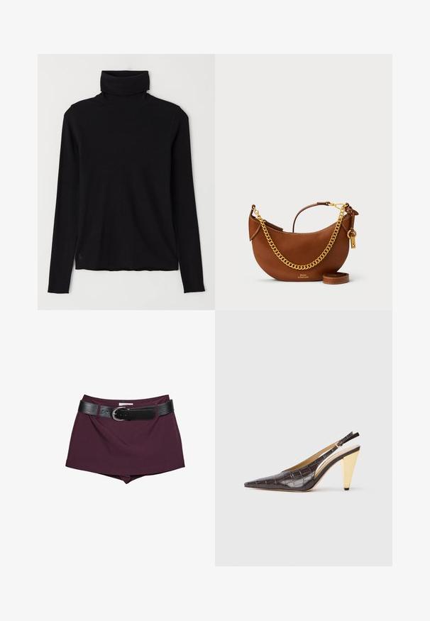 Černý rolák vyrobený z žebrované tkaniny. Dlouhé rukávy, přiléhavý střih a mírně uvolněný lem bez viditelných vzorů nebo kovových doplňků.; Bordové šortky s černým koženým páskem. Design má hladkou texturu a přiléhavý tvar, s širokým páskem upevněným sponou.; Slinbková podpatková obuv s špičatou špičkou v tmavě hnědé lesklé umělé krokodýlí kůži. Obsahuje zlatý geometrický podpatek a nastavitelný páskový pásek kolem kotníku.; Hnědá kožená kabelka s zakřiveným designem, zlatým řetízkem, vnitřní kapsou a odnímatelným ramenním popruhem. Obsahuje kontrastní prošívání.