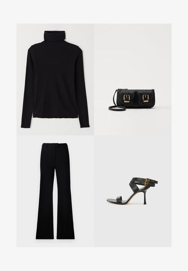 Svart høyhalset genser laget av ribbestrikket stoff. Lange ermer, tettsittende design og en litt avslappet kant uten synlige mønstre eller beslag.; Sorte vide bukser med jevn tekstur, skreddersydd linning og frontlommer, designet med en slank, moderne silhuett.; Svarte hælsandaler med kryssende stropper og justerbar spenne. Har en jevn tekstur og avsmalnende stilettoklakk.; Svart skinn crossbody veske med to frontlommer, gyldne spenner, glidelåslukking og en slank stropp. Teksturert overflate og kompakt rektangulær form.