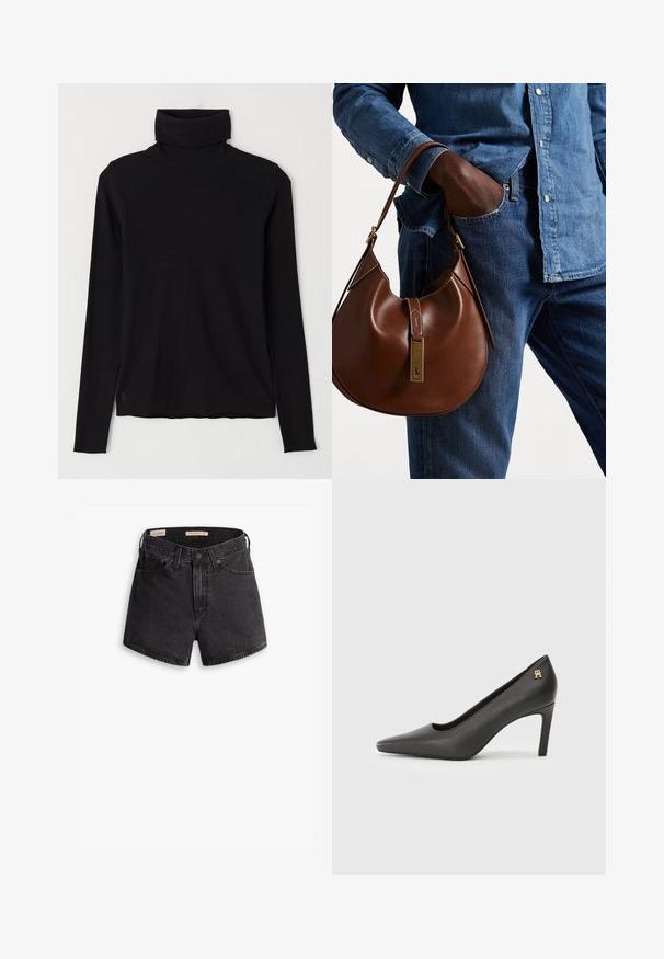 Black turtleneck sweater made of ribbed fabric. Long sleeves, close-fitting design, and a slightly relaxed hem with no visible patterns or hardware.; Black denim shorts with a high waist, featuring a front button closure, four pockets, and a slightly distressed finish.; Black patent leather high heel pump with a pointed toe, featuring a small gold logo accent at the heel. Smooth texture, sleek design.; Brown leather hobo bag with a rounded shape, featuring a gold hardware accent and contrast stitching. Paired with a denim shirt and jeans.; Gold necklace featuring a delicate chain and a round pendant adorned with small, embedded gemstones, enhancing its radiant appearance.