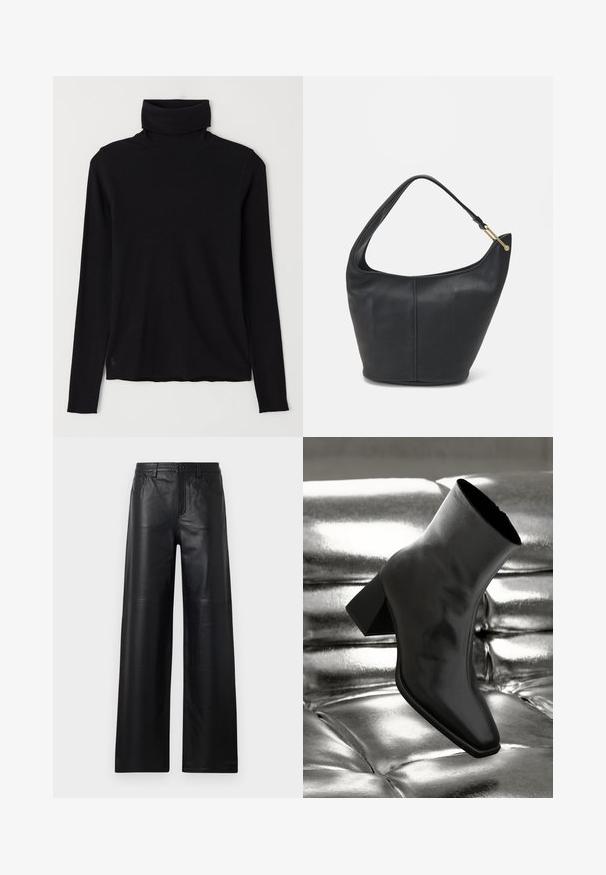 Schwarzer Rollkragenpullover aus geripptem Stoff. Lange Ärmel, figurbetonte Passform und ein leicht lockerer Saum ohne sichtbare Muster oder Beschläge.; Weite schwarze Lederhosen mit glatter Textur, ausgestattet mit Fronttaschen, einem Knopfverschluss und dezenten Steppnähten.; Schwarzer Knöchelstiefel aus glänzendem Material mit quadratischer Zehenform und verjüngtem Absatz, vor einem glänzenden silbernen gepolsterten Hintergrund.; Schwarze Lederhandtasche mit abgerundeter Form, breitem Tragegurt und strukturiertem Finish. Besitzt eine subtile Nahtdetails und einen Akzent aus goldfarbenem Metall.