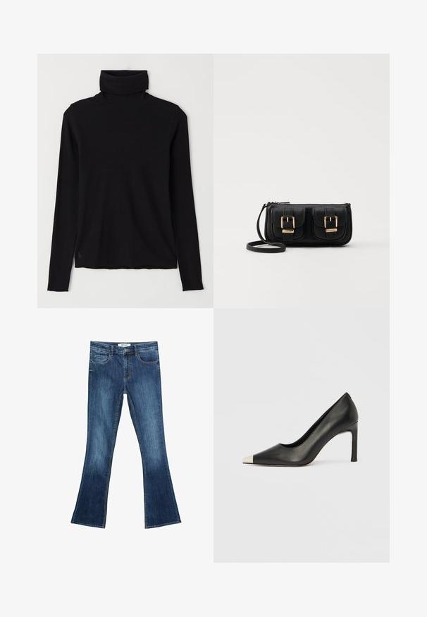 Sort turtleneck sweater lavet af ribbet stof. Lange ærmer, tætsiddende design og en let afslappet kant uden synlige mønstre eller hardware.; Utvidede denim jeans i mellemblå vask. Har forlommer, bæltestropper og en standard talje. Kontrastsying synlig overalt.; Sort læder højhælet sko med spids tå og metal-sølv hætte. Har en glat finish og en slank hæl på 10 cm.; Sort læder crossbody taske med to frontlommer, guldspænder, lynlåslukning og en slank rem. Struktureret overflade og kompakt rektangulær form.