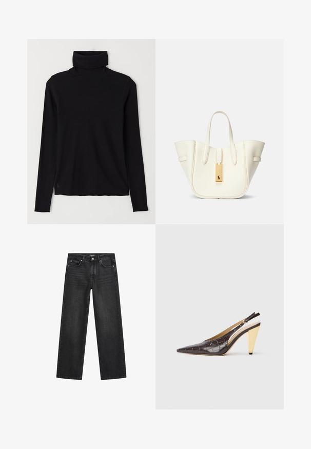 Czarny sweter typu golf wykonaną z prążkowanej tkaniny. Długie rękawy, dopasowany krój oraz lekko luźny dół, bez widocznych wzorów i elementów metalowych.; Jeans o szerokich nogawkach wykonane z ciemnoszarego denimu. Posiadają pięć kieszeni, zapięcie na guzik oraz subtelne przetarcia na udach. Klasyczny fason.; Sandały na obcasie z przeszyciem w ciemnym brązowym lakierowanym faux krokodyle. Posiadają złoty geometrzyczny obcas oraz regulowany pasek wokół kostki.; Biała skórzana torba tote o wyraźnym kształcie, z widocznymi przeszyciami, złotą metką i podwójnymi uchwytami. Teksturowana powierzchnia z bocznymi kieszeniami.