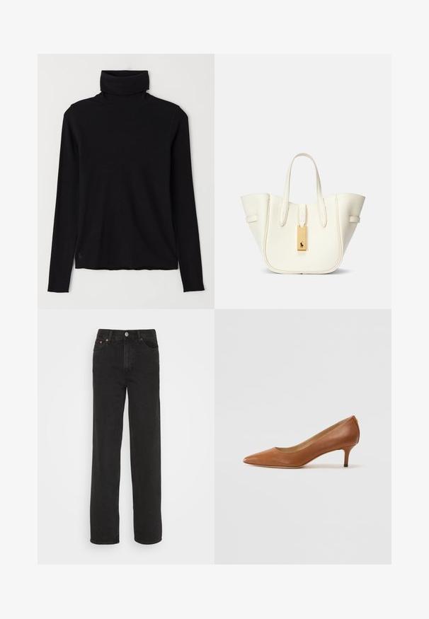 Čierna roláková mikina z rebrového materiálu. Dlhé rukávy, priliehavý strih a mierne uvoľnený lem bez viditeľných vzorov alebo kovania.; Čierne rovné džínsy s piatimi vreckami, predným gombíkom a pútkami na opasok, zobrazené na bielom pozadí.; Lauren Ralph Lauren ADRIENNE - Klasické lodičky na opätku - deep saddle tan; Biela kožená kabelka s pevnou štruktúrou, výrazným prešívaním, zlatým kovovým štítkom a dvojitými uchami. Textúrovaný povrch s bočnými vreckami.