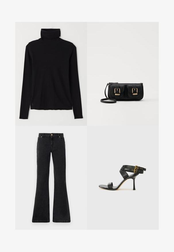 suéter preto de gola alta feito de tecido canelado. Mangas compridas, design ajustado e uma bainha ligeiramente descontraída, sem padrões visíveis ou acessórios.; Jeans de ganga pretos em corte flare, com cinco bolsos, fecho frontal com botão e costura em contraste. O tecido tem uma textura suave.; Sandal preto de salto alto com tiras cruzadas e fivela ajustável. Apresenta uma textura suave e um salto agulha afilado.; Bolsa de ombro em couro preto com dois bolsos frontais, fivelas douradas, fecho de zíper e uma alça fina. Superfície texturizada e forma retangular compacta.