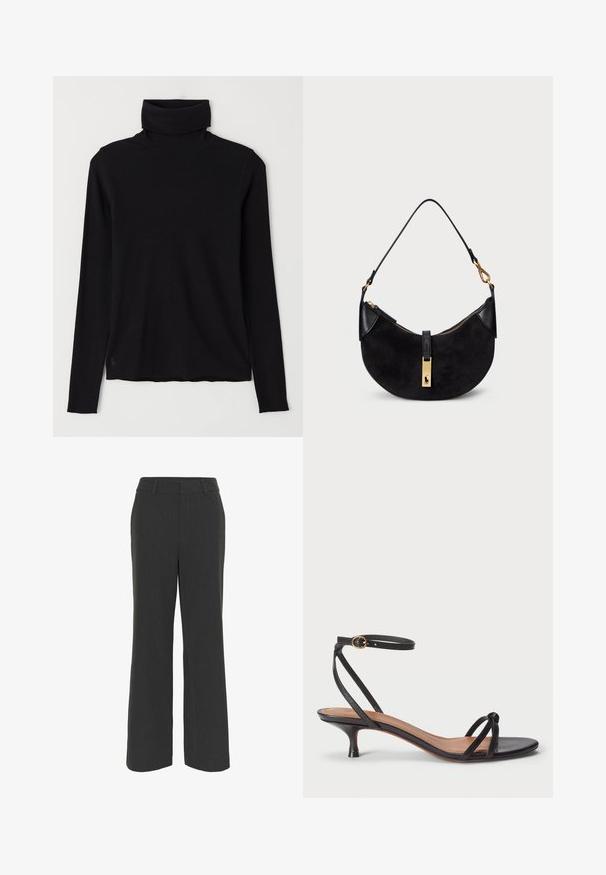 Black turtleneck sweater made of ribbed fabric. Long sleeves, close-fitting design, and a slightly relaxed hem with no visible patterns or hardware.; Dark gray wide-leg trousers with a textured fabric, featuring a flat front, belt loops, and a clean hem, suitable for formal or casual wear.; Polo Ralph Lauren LEATHER KITTEN-HEEL SANDAL - Classic heels - black; Black handbag with a curved shape, made of suede and leather, featuring a gold-tone zipper and a logo detail. Includes a short handle.