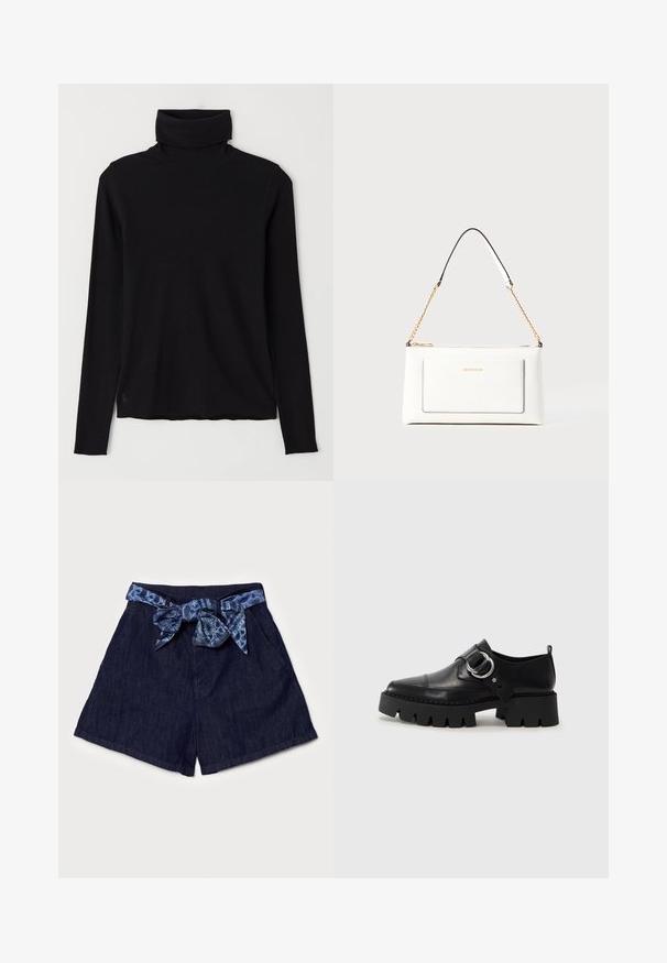Μαύρο πουλόβερ τύπου τερτίπι φτιαγμένο από ριγέ ύφασμα. Μακριά μανίκια, εφαρμοστή σχεδίαση και ελαφρώς χαλαρό στρίφωμα χωρίς ορατά σχέδια ή υλικό.; Τζιν σορτσάκια σε σκούρο μπλε χρώμα με φαρδύ λάστιχο, διακοσμημένα με ζώνη από υφασμάτινο σχέδιο δεμένη σε φιόγκο μπροστά. Ορατές δύο τσέπες στα πλάγια.; Μαύρα δερμάτινα παπούτσια με χοντρή, ραβδωτή σόλα, διαθέτοντας κυκλική ασημί μεταλλική λεπτομέρεια και ελάχιστη ραφή.; Λευκή δερμάτινη τσάντα με υφή, διαθέτει χρυσή αλυσίδα και μαύρες λεπτομέρειες. Περιλαμβάνει μπροστινή τσέπη και κλείσιμο με φερμουάρ.