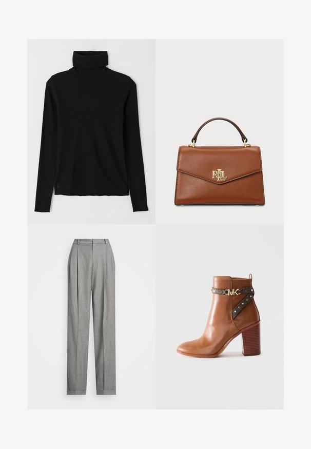 Black turtleneck sweater made of ribbed fabric. Long sleeves, close-fitting design, and a slightly relaxed hem with no visible patterns or hardware.; Polo Ralph Lauren FULL LENGTH PLEATED - Trousers - grey; Brown leather ankle boot with stacked block heel, side strap featuring gold studs and a gold "MK" logo buckle.; Brown leather handbag with a structured design, a top handle, gold hardware, and a logo accent on the front. Smooth texture.