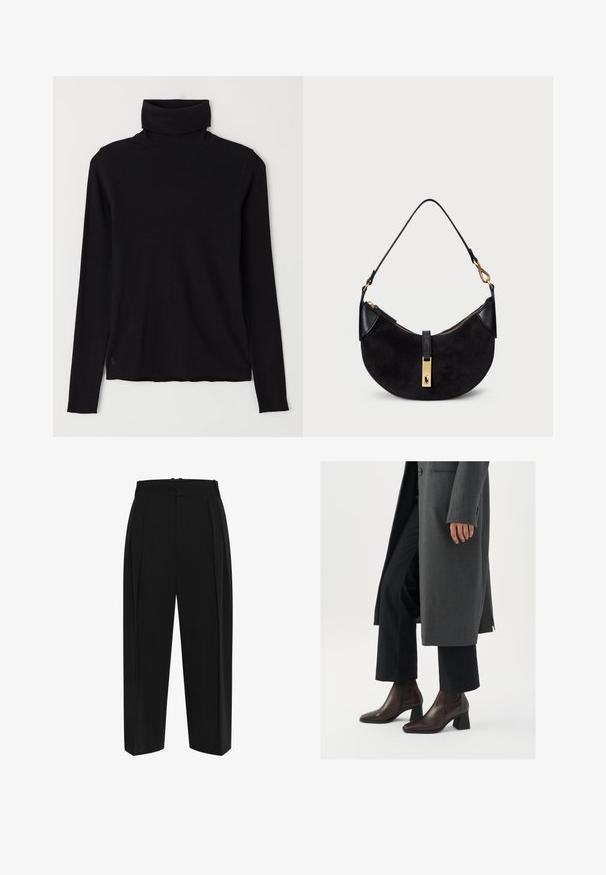 Czarny sweter typu golf wykonaną z prążkowanej tkaniny. Długie rękawy, dopasowany krój oraz lekko luźny dół, bez widocznych wzorów i elementów metalowych.; Czarne spodnie o wysokim stanie, z plisowanym przodem i prostym krojem nogawki. Wykonane z gładkiego materiału o czystym wykończeniu i bez widocznych elementów metalowych.; Czółenka na wysokim obcasie w ciemnobrązowej skórze z wąskim noskiem i słupkowym obcasem, zestawione z czarnymi spodniami i szarym płaszczem.; Czarna torebka o zaokrąglonym kształcie, wykonana z zamszu i skóry, z metalowym zamkiem w kolorze złotym oraz detalem z logo. Posiada krótki uchwyt.