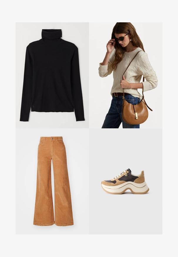 Juodas megztinis su aukšta apykakle, pagamintas iš raibų audinio. Ilgos rankovės, prigludusi konstrukcija ir šiek tiek laisvas apdaila be matomų raštų ar detalių.; Šiltos rudos spalvos kordurojiniai plačios kojos kelnių, su aukštu liemeniu, mygtuko uždarymu ir dviem priekinėmis kišenėmis. Lygus paviršius ir matomi siūlės detalės.; Kampinis sportinis batelis su storu padu, bežinės ir tamsiai rudos spalvos, su zomšos akcentais, baltais raišteliais ir mažu auksiniu MK žavesiu šone.; Ruda odinė pečių rankinė su kreiva forma ir auksinėmis detalėmis. Modelis vilki šviesią mezginio megztinį ir mėlynus džinsus.