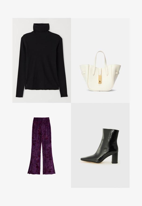 Maglione a collo alto nero realizzato in tessuto a coste. Maniche lunghe, design aderente e orlo leggermente rilassato, senza motivi o accessori visibili.; Pantaloni viola fluidi con motivo floreale in tonalità più scure, realizzati in un tessuto leggero con una vita elastica. Design svasato.; Stivale alla caviglia nero in pelle lucida con punta affusolata e tacco squadrato e corposo. Presenta una texture liscia e un design minimalista.; Borsa tote in pelle bianca con forma strutturata, cuciture evidenti, etichetta in metallo dorato e manici doppi. Superficie testurizzata con tasche laterali.