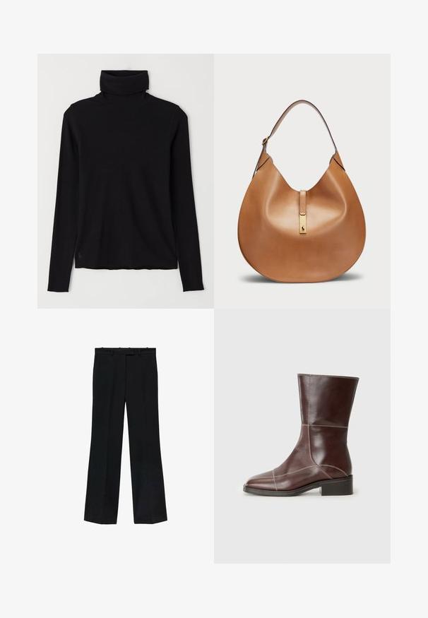 Czarny sweter typu golf wykonaną z prążkowanej tkaniny. Długie rękawy, dopasowany krój oraz lekko luźny dół, bez widocznych wzorów i elementów metalowych.; Czarne spodnie o prostym kroju, wykonane z gładkiego materiału. Posiadają pasek w talii z szlufkami i brak widocznych oznaczeń lub zdobień.; Brązowy skórzany botek za kostkę z kwadratowym noskiem i niskim obcasem, z kontrastowym przeszyciem wzdłuż szwów. Przejrzyste tło.; Torba skórzana w kolorze brązowym o zaokrąglonym kształcie i szerokim pasku na ramię. Posiada złoty metalowy akcent na środku oraz gładką fakturę.
