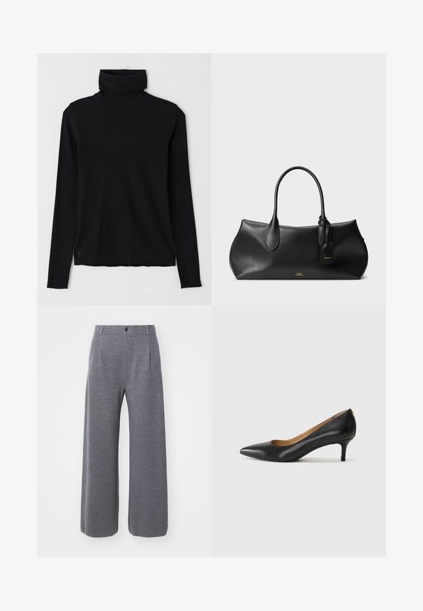 Juodas megztinis su aukšta apykakle, pagamintas iš raibų audinio. Ilgos rankovės, prigludusi konstrukcija ir šiek tiek laisvas apdaila be matomų raštų ar detalių.; GAP CASHSOFT TAILORED PANT - Kelnės - charcoal heather; Juodos odinės aukštakulnės bateliai su smailiu nosiu, žemu kulnu ir lygiu paviršiumi. Priekyje yra nedidelis atvirumas, o gale minimalus apdaila.; Juodas odinis rankinukas su lygiu paviršiumi, apvalia forma, dviem rankenėlėmis ir mažąja etikete. Niūrus prekės ženklas auksu ant priekio.