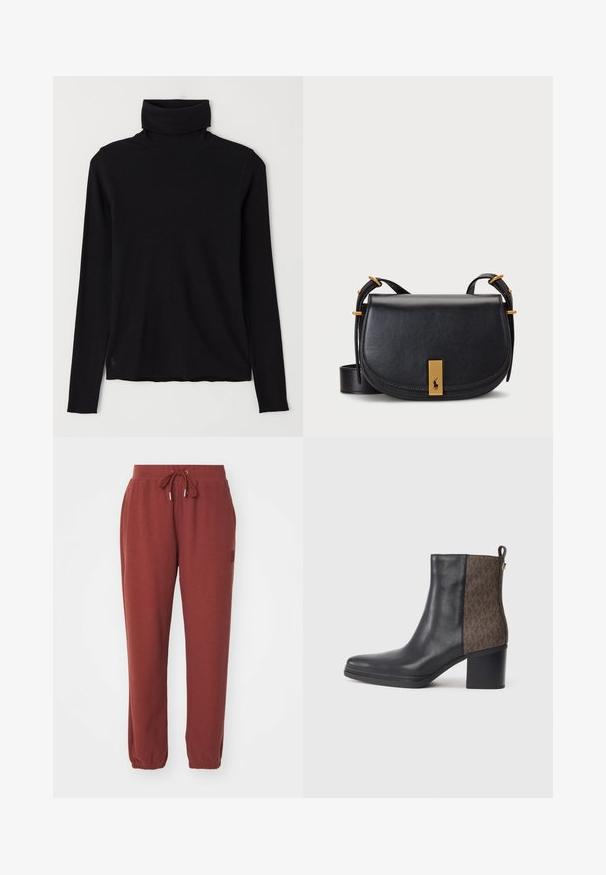 Black turtleneck sweater made of ribbed fabric. Long sleeves, close-fitting design, and a slightly relaxed hem with no visible patterns or hardware.; Red ribbed joggers with an elastic waistband, drawstring closure, and tapered cuffs. Soft texture and lightweight material.; Black leather ankle boot with a textured brown pattern on the side, a block heel, and a loop tab for easy wear.; Black leather crossbody bag with curved shape, gold-tone hardware, and a front plaque detail featuring logo. Adjustable strap included.