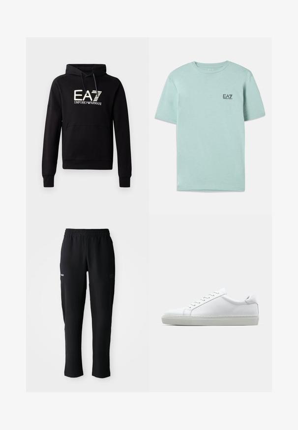 Sweatshirt preto com capuz e bolso canguru, apresentando um logo EA7 Emporio Armani branco em destaque no peito. Material em mistura de algodão macio.; T-shirt verde menta claro feita de algodão, com mangas curtas e decote redondo, apresentando um pequeno logo preto EA7 no peito.; Calças de desporto pretas com cintura elástica, bolsos laterais e logótipos discretos nas zonas das coxas, exibidas sobre fundo branco.; Sapatilha branca com um cabedal em couro liso e de perfil baixo. Apresenta um bico redondo, seis ilhoses e uma sola de borracha texturizada.
