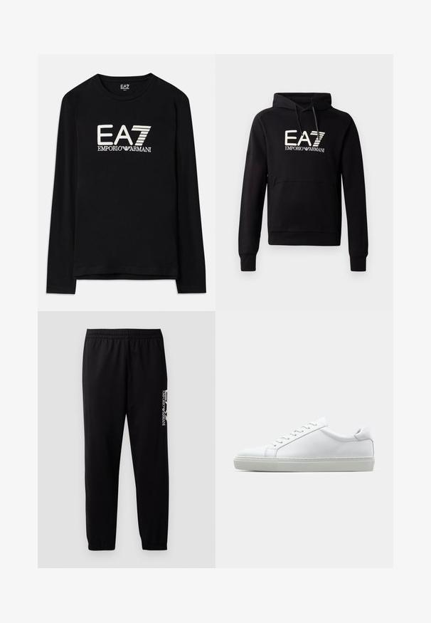 Fekete kapucnis pulóver kenguruzsebbel, a mellrészen hangsúlyos fehér EA7 Emporio Armani logóval. Puha pamut keverék anyag.; Fekete, hosszú ujjú póló, fehér hímzett EA7 és Emporio Armani logókkal. Puha anyag, kerek nyakkal és egyenes szegéllyel.; Fekete sportnadrág sima anyagból, rugalmas derékkal és mandzsettákkal, az oldalán kontrasztos logónyomattal.; Fehér sportcipő sima bőr felső résszel és alacsony profilsal. Kerek orr, hat fűzőlyuk és barázdált gumitalp jellemzi.