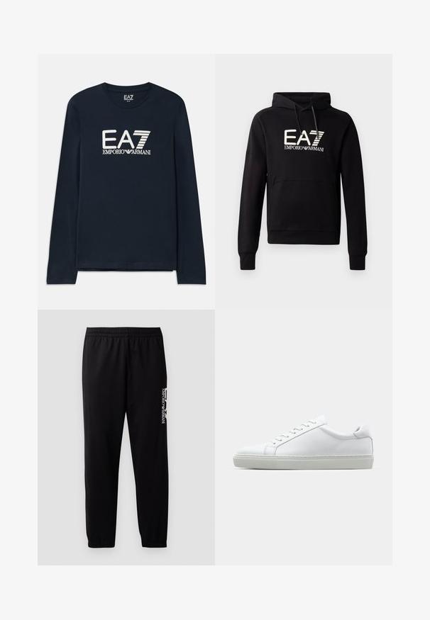 Fekete kapucnis pulóver kenguruzsebbel, a mellrészen hangsúlyos fehér EA7 Emporio Armani logóval. Puha pamut keverék anyag.; Tengerészkék, hosszü ujjú póló, pamutból készült, kerek nyakkivágással. Elülső részén fehér EA7 Emporio Armani logó található. Egyenes szegély, díszítés nélkül.; Fekete sportnadrág sima anyagból, rugalmas derékkal és mandzsettákkal, az oldalán kontrasztos logónyomattal.; Fehér sportcipő sima bőr felső résszel és alacsony profilsal. Kerek orr, hat fűzőlyuk és barázdált gumitalp jellemzi.