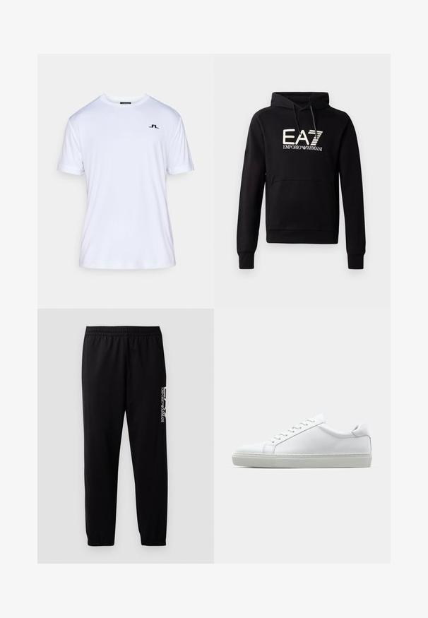 Must mustaga kangaresakati, mille on esiküljel selgelt nähtav valge EA7 Emporio Armani logo. Pehme puuvillasegu materjal.; Valge lühikeste varrukatega T-särk, mis on valmistatud siledast kangast, millel on vasakul rinnal nähtamatu must logo. Ümar kaelus ja mugav lõige.; Mustad mustreeritud mustad sportpüksid, mis on valmistatud siledast kangast. Need on varustatud elastse vöökohaga ja mansettidega ning külje peal on kontrastne logo trükk.; Valge tennisetoss, millel on sile nahk pealis ja madal profiil. Omab ümarat ninaosa, kuut silmust ja tekstuuriga kummist talda.