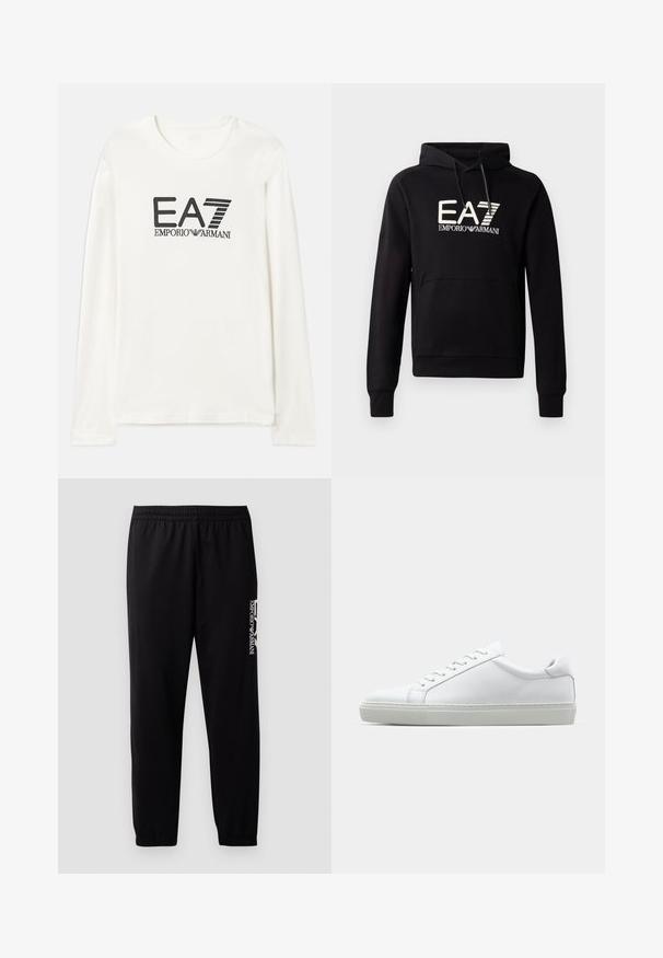 Melnā kapucēta lietussarga ar kangaro kabatu, uz krūšu daļas ir ievērojams balts EA7 Emporio Armani logo. Mīksts kokvilnas maisījuma materiāls.; Ilgi piedurkņu kokvilnas T-krekls krēmkrāsā ar melnu EA7 Emporio Armani logotipa tekstu. Apaļš kakls un standarta fit ar taisnu apakšmalu. Mīksta tekstūra.; Melnas sporta bikses no gludas auduma, ar elastīgu jostu un uzmavām, kā arī kontrastējošu logotipu, kas drukāts sānos.; Baltie sporta apavi ar gludu ādas virsu un zemu profilu. Iezīmējas ar noapaļotu purngalu, sešām acīm un teksturētu gumijas zoli.