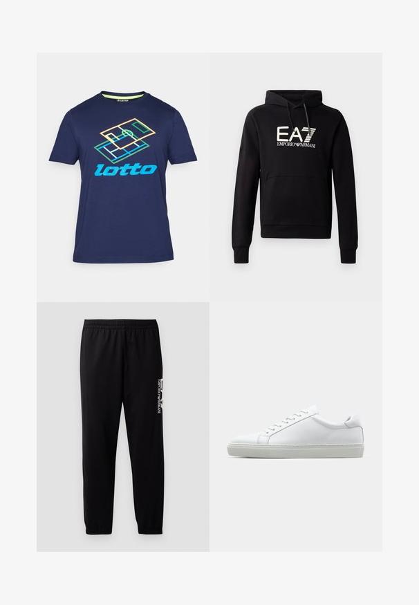Black hooded sweatshirt with a kangaroo pocket, featuring a white EA7 Emporio Armani logo prominently on the chest. Soft cotton blend material.; Navy blue short-sleeve t-shirt made from cotton, featuring a multicolored "Lotto" logo and geometric design on the front.; Black athletic pants made of smooth fabric, featuring an elastic waistband and cuffs, and a contrasting logo printed on the side.; White sneaker with a smooth leather upper and a low profile. Features a rounded toe, six eyelets, and a textured rubber sole.