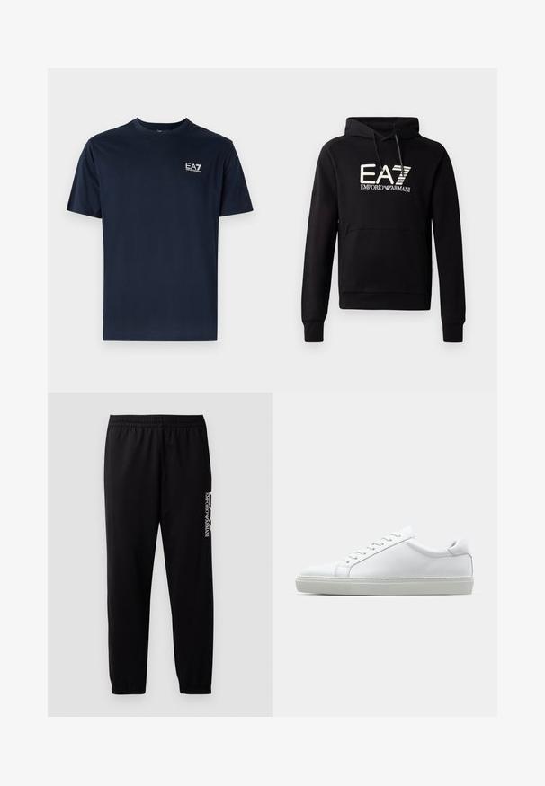 Sudadera con capucha negra y bolsillo tipo canguro, con un logo blanco de EA7 Emporio Armani destacado en el pecho. Material suave de mezcla de algodón.; Camiseta de algodón azul marino con mangas cortas, cuello redondo y logo de EA7 en la parte superior izquierda en blanco. Textura suave, diseño casual.; Pantalones deportivos negros de tela suave, con una cinturilla elástica y puños, y un logotipo en contraste impreso en el lado.; Zapatilla blanca con parte superior de cuero liso y perfil bajo. Presenta una puntera redondeada, seis ojales y una suela de goma texturizada.