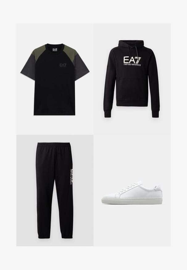 Juodas gobtuvu megztinis su kengūros kišene, ant krūtinės išryškintas baltas EA7 Emporio Armani logotipas. Minkšta medvilnės mišinys.; Trumpas juodas marškinėlis su alyvuogių žalios spalvos petnešomis, tamsiai pilkais rankovėmis ir EA7 Emporio Armani logotipu ant krūtinės bei apykaklės etiketėje.; Juodos sportinės kelnės iš lygaus audinio, su elastingu juosmeniu ir rankogaliais, bei kontrastinga logotipu spaudiniu šone.; Baltas sportinis batelis su lygiu odiniu paviršiumi ir žemu profiliu. Turi suapvalintą pirštą, šešis akių skyrius ir tekstūruotą gumos padą.