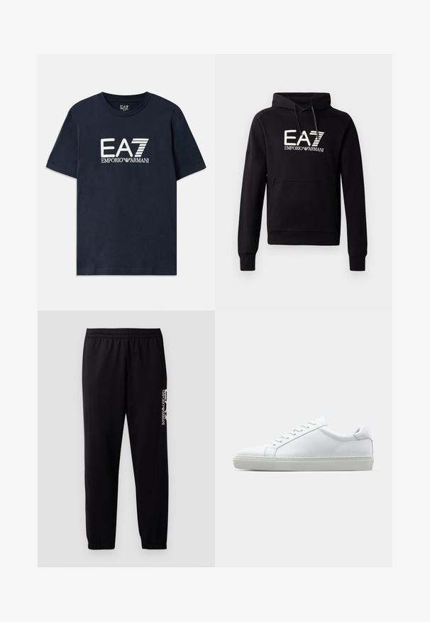Melnā kapucēta lietussarga ar kangaro kabatu, uz krūšu daļas ir ievērojams balts EA7 Emporio Armani logo. Mīksts kokvilnas maisījuma materiāls.; Zila kokvilnas t-krekls ar īsām piedurknēm un apaļu kakla izgriezumu. Uz priekšu ir izcils balts EA7 Emporio Armani logo.; Melnas sporta bikses no gludas auduma, ar elastīgu jostu un uzmavām, kā arī kontrastējošu logotipu, kas drukāts sānos.; Baltie sporta apavi ar gludu ādas virsu un zemu profilu. Iezīmējas ar noapaļotu purngalu, sešām acīm un teksturētu gumijas zoli.