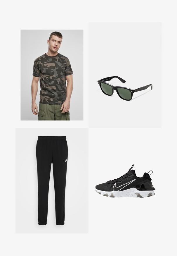Črna kapuca iz mehkega blaga, z velikim žepom na sprednji strani, kapuco z vrvico, ribastimi manšeti in majhnim belim logotipom Nike na prsih.; Kratkoročna majica s kratkimi rokavi in okroglo ovratnikom v kamuflažnem vzorcu, ki vsebuje odtenke zelene, rjave in sive barve, izdelana iz bombažnega materiala.; Črne trenirkaste hlače z elastičnim pasom, manšetami na gležnjih in majhnim belim Nike logotipom na levi strani. Narejene iz mehke strukture tkanine.; Črne atletske čevlje z teksturiranim zgornjim delom iz blaga, belim Nike žigom in debelim belim podplatom. Imajo tudi zanko na peti za lažje obuvanje.; Črne plastične sončna očala z zelenimi lečami, kvadratni okvirji, srebrni detajl na obrvi in teksturirani ročaji. Blagovna znamka navedena na notranji strani ročaja.