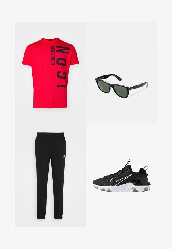 Sweat à capuche noir en tissu doux, doté d'une poche kangourou à l'avant, d'un cordon de serrage à la capuche, de poignets côtelés et d'un petit logo Nike blanc sur la poitrine.; T-shirt en coton rouge arborant un texte vertical noir "DSQUARED2 ICON". Manches courtes et col rond avec une texture lisse.; Pantalons de survêtement noirs avec une taille élastique, chevilles resserrées et un petit logo Nike blanc sur le côté gauche. Fabriqués à partir d'un tissu texturé doux.; Baskets de sport noires avec une tige en tissu texturé, un swoosh Nike blanc et une épaisse semelle blanche. Équipées d'une languette au niveau du talon pour un enfilage facile.; Lunettes de soleil en plastique noir avec verres verts, monture carrée, accent argenté sur le sourcil et branches texturées. Marque indiquée sur l'intérieur de la branche.
