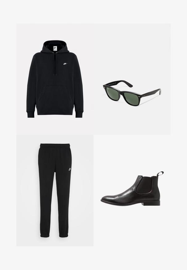 Sudadera negra hecha de una tela suave, con un bolsillo tipo canguro en el frente, capucha con cordón, puños acanalados y un pequeño logo blanco de Nike en el pecho.; Pantalones de chándal negros con una cintura elástica, tobillos ajustados y un pequeño logo blanco de Nike en el lado izquierdo. Hechos de una tela suave y texturizada.; Botín Chelsea de cuero negro con paneles elásticos en los lados y una lengüeta. Diseño elegante con punta redondeada y tacón bajo apilado.; Gafas de sol de plástico negro con lentes verdes, montura cuadrada, acento plateado en la ceja y brazos texturizados. Marca indicada en el brazo interno.