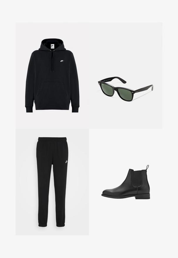 Sudadera negra hecha de una tela suave, con un bolsillo tipo canguro en el frente, capucha con cordón, puños acanalados y un pequeño logo blanco de Nike en el pecho.; Pantalones de chándal negros con una cintura elástica, tobillos ajustados y un pequeño logo blanco de Nike en el lado izquierdo. Hechos de una tela suave y texturizada.; Botas chelsea de cuero negro con paneles laterales elásticos, puntera redondeada y un tacón bajo. Textura suave y diseño limpio y minimalista.; Gafas de sol de plástico negro con lentes verdes, montura cuadrada, acento plateado en la ceja y brazos texturizados. Marca indicada en el brazo interno.