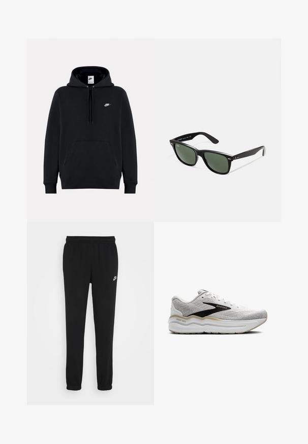 Sweat à capuche noir en tissu doux, doté d'une poche kangourou à l'avant, d'un cordon de serrage à la capuche, de poignets côtelés et d'un petit logo Nike blanc sur la poitrine.; Pantalons de survêtement noirs avec une taille élastique, chevilles resserrées et un petit logo Nike blanc sur le côté gauche. Fabriqués à partir d'un tissu texturé doux.; Baskets blanches avec des accents gris, tige en maille, semelle intermédiaire rembourrée et marquage noir. Elles présentent un bout arrondi et des détails texturés.; Lunettes de soleil en plastique noir avec verres verts, monture carrée, accent argenté sur le sourcil et branches texturées. Marque indiquée sur l'intérieur de la branche.