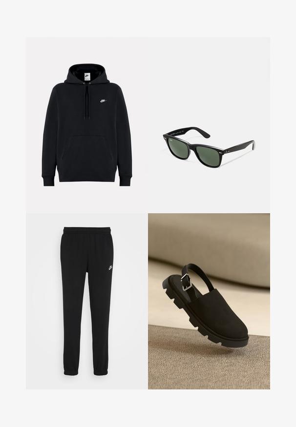 Mustapaita pehmeästä kankaasta, jossa on edessä kengurupussi, kiristettävä huppu, ribatut hihansuut ja pieni valkoinen Nike-logo rinnassa.; Mustat collegehousut, joissa on elastinen vyötärö, resoreilla varustetut lahkeet ja pieni valkoinen Nike-logo vasemmalla puolella. Valmistettu pehmeästä teksturoidusta kankaasta.; Mustasukka nahkainen slingback-kenkä, jossa on paksu, teksturoitu pohja ja hopeinen solkipieni. Tyylikäs muotoilu, joka on minimalismin ytimessä ja leijuu teksturoidun pinnan yläpuolella.; Mustat muoviset aurinkolasit, joissa on vihreät linssit, neliönmuotoiset kehykset, hopeinen yksityiskohta kulmakarvojen kohdalla sekä tekstuuriset temppeleiden varret. Brändi ilmoitettu sisävarsissa.