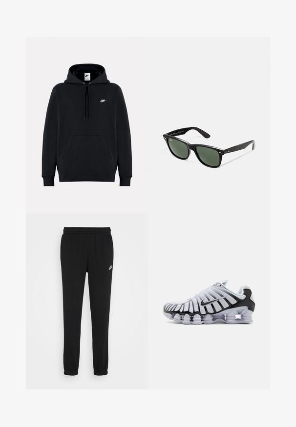 Sweatshirt preto feito de tecido suave, apresentando um bolso canguru na frente, capuz com cordão, punhos canelados e um pequeno logótipo da Nike em branco no peito.; Calças de fato de treino pretas com um cinto elástico, pernas ajustadas e um pequeno logótipo da Nike em branco no lado esquerdo. Feitas de um tecido macio texturizado.; Sapatilha atlética branca com um destaque preto e sola translúcida. Apresenta camadas de malha e materiais sintéticos, além de um design ondulado distinto.; Óculos de sol de plástico preto com lentes verdes, armações quadradas, detalhe prateado na sobrancelha e hastes texturizadas. Marca indicada na parte interna da haste.