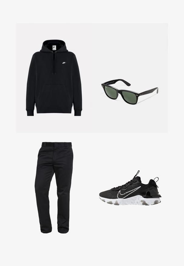 Czarny hoodie wykonany z miękkiej tkaniny, z przednią kieszenią kangurkową, kapturem z regulowanym sznurkiem, ściągaczami oraz małym białym logo Nike na klatce piersiowej.; Czarne spodnie o prostym kroju wykonane z gładkiego materiału, z szlufkami na pasek i przednimi kieszeniami, charakteryzujące się eleganckim i dopasowanym krojem.; Czarne buty sportowe z teksturowaną cholewką, białym logo Nike i grubą białą podeszwą. Wyposażone są w uchwyt na pięcie ułatwiający zakładanie.; Czarne plastikowe okulary przeciwsłoneczne z zielonymi szkłami, kwadratowe oprawki, srebrny akcent na brwi oraz fakturowane ramiona temple. Nazwa marki podana na wewnętrznej stronie ramion.