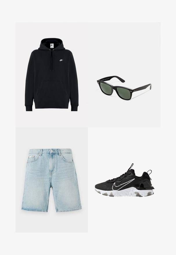 Czarny hoodie wykonany z miękkiej tkaniny, z przednią kieszenią kangurkową, kapturem z regulowanym sznurkiem, ściągaczami oraz małym białym logo Nike na klatce piersiowej.; Jasnoniebieskie szorty dżinsowe o luźnym kroju, z przednimi kieszeniami, z zapięciem na guzik i minimalnym przetarciem.; Czarne buty sportowe z teksturowaną cholewką, białym logo Nike i grubą białą podeszwą. Wyposażone są w uchwyt na pięcie ułatwiający zakładanie.; Czarne plastikowe okulary przeciwsłoneczne z zielonymi szkłami, kwadratowe oprawki, srebrny akcent na brwi oraz fakturowane ramiona temple. Nazwa marki podana na wewnętrznej stronie ramion.