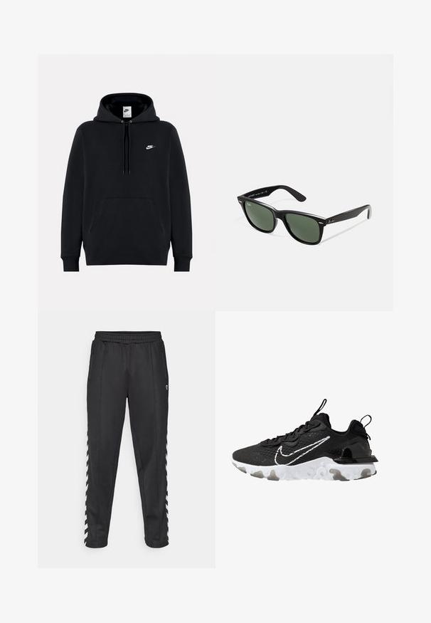 Melnā kapuce, kas izgatavota no mīkstas auduma, ar priekšējo kangaroo kabatu, kapuces aukliņu, ribinātām piedurknēm un mazu baltu Nike logo uz krūtīm.; Melnas sporta bikses ar elastīgu jostasvietu, ar sānu rāvējslēdzēja kabatām un baltas zigzaga akcentiem gar malām. Gluda tekstūra.; Melnas sporta kurpes ar teksturētu auduma virsu, baltu Nike swoosh un biezu baltu zoli. Iekļauts vilkšanas cilpa uz papēža vieglai uzvilkšanai.; Melnas plastmasas saulesbrilles ar zaļiem lēciem, kvadrātveida rāmjiem, sudrabainu akcentu uz uzacīm un teksturētām tempļu kājām. Zīmols norādīts uz iekšējās kājas.