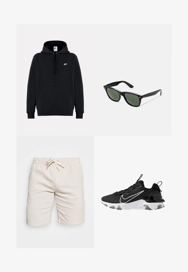 Čierna mikina s kapucňou vyrobená z jemného materiálu, so prednou klokankou, kapucňou so šnúrkou, ribovanými manžetami a malým bielym logom Nike na hrudi.; Bežové šortky vyrobené z ľahkej tkaniny s elastickým pásom a šnúrkou na stiahnutie. Obsahujú dve bočné vrecká a textúrovaný povrch.; Čierna športová obuv s textúrovaným textilným zvrškom, bielym logom Nike a hrubou bielou podrážkou. Obsahuje úchopový pásik na päte pre jednoduché obúvanie.; Čierne plastové slnečné okuliare so zelenými šošovkami, štvorcové rámy, strieborný akcent na obočí a textúrované ramenné opierky. Brand uvedený na vnútornej strane ramien.