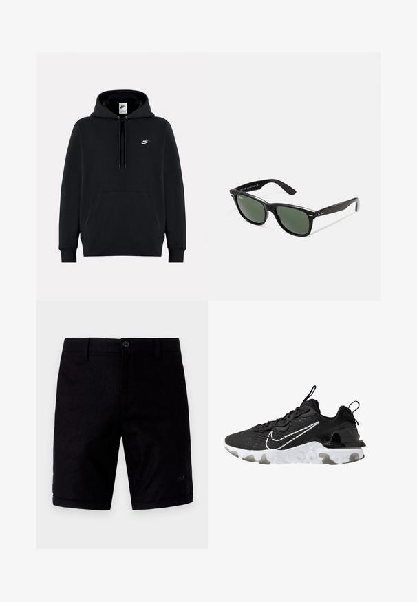 Schwarzer Kapuzenpullover aus weichem Stoff, mit einer frontalen Kängurutasche, verstellbarem Kapuzenzug, gerippten Bündchen und einem kleinen weißen Nike-Logo auf der Brust.; Schwarze Shorts mit einer glatten Textur, ausgestattet mit einem Knopfverschluss, traditionellen Taschen und umgeschlagenen Säumen. Hergestellt aus leichtem Stoff.; Schwarzer Sportschuh mit einem strukturierten Obermaterial aus Stoff, weißem Nike-Swoosh und dicker weißer Sohle. Verfügt über eine Zuglasche an der Ferse für einfaches An- und Ausziehen.; Schwarze Plastiksonnenbrille mit grünen Gläsern, quadratischen Rahmen, silbernem Akzent auf der Augenbraue und strukturierten Bügeln. Angegebene Marke auf dem inneren Bügel.
