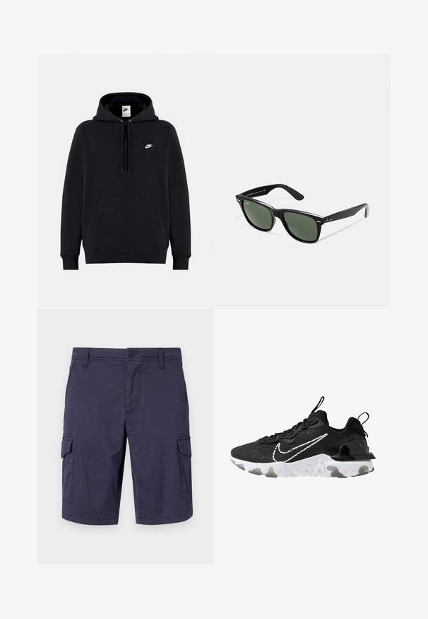 Felpa nera con cappuccio realizzata in tessuto morbido, dotata di una tasca a marsupio frontale, cappuccio con cordoncino, polsini a costine e un piccolo logo Nike bianco sul petto.; Pantaloni cargo blu navy realizzati in tessuto resistente, con tasche laterali, chiusura a bottone e finitura testurizzata.; Scarpa sportiva nera con tomaia in tessuto testurizzato, il logo Nike bianco e una suola spessa bianca. Presenta un occhiello sul tallone per indossarla facilmente.; Occhiali da sole in plastica nera con lenti verdi, montatura quadrata, dettaglio argento sulla parte superiore e steli con texture. Marchio indicato sulla parte interna dello stelo.