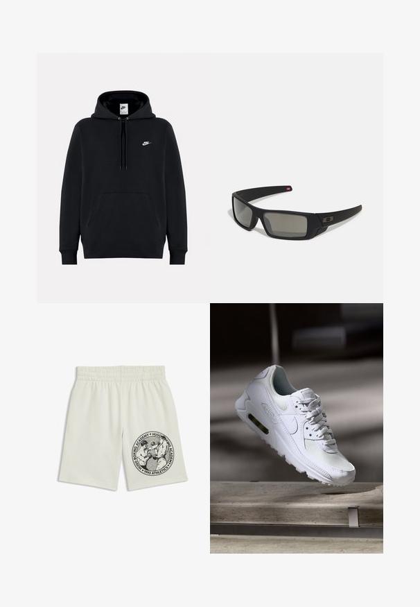 Czarny hoodie wykonany z miękkiej tkaniny, z przednią kieszenią kangurkową, kapturem z regulowanym sznurkiem, ściągaczami oraz małym białym logo Nike na klatce piersiowej.; Kremowe szorty z elastycznym pasem, z czarną grafiką przedstawiającą dwóch bokserów oraz napisem "Hugo Boxing Academy 1993 Athletics" na nogawce.; Białe sneakersy Nike Air Max 90 z siateczkowym i skórzanym wierzchem, perforowanym czubkiem oraz widoczną jednostką Air w pięcie.; Czarne okulary przeciwsłoneczne z matowym wykończeniem, prostokątne soczewki, lekko wygięte zauszniki, subtelny detal z logo oraz szkła w odcieniu dymnym.
