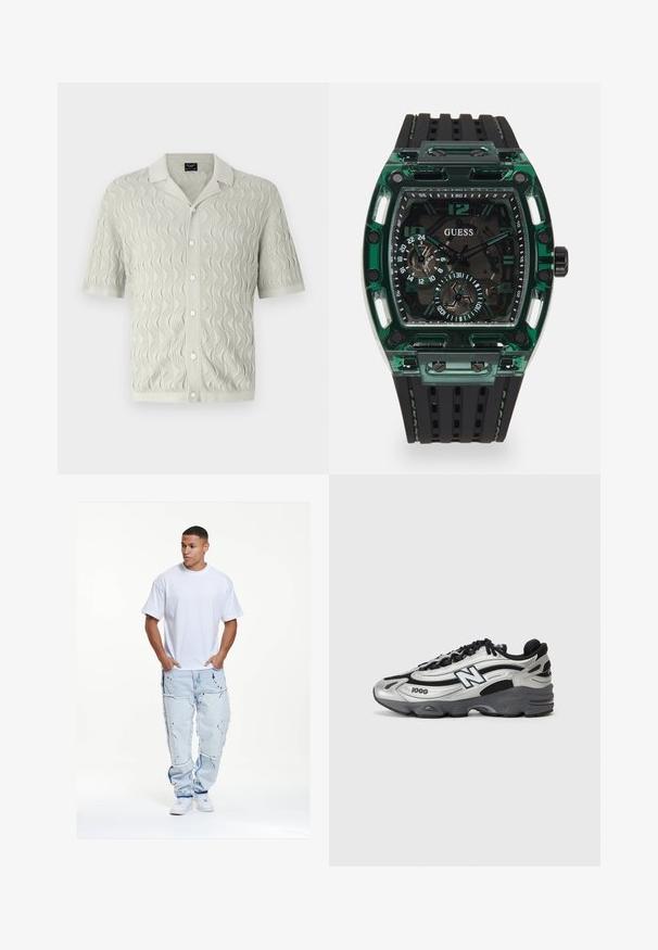 Hnedý mikina s kamuflážnym vzorom, okrúhlym výstrihom, dlhými rukávmi a rebrovanými manžetami, vyrobená z mäkkej, štruktúrovanej tkaniny.; Krátky rukáv, svetlosivá pletená košeľa s vlnovým vzorom, golierom a gombíkovým zapínaním, vyrobená z textúrovanej tkaniny.; Biele bavlnené tričko s voľným strihom, spárované so svetlomodrými roztrhnutými džínsami s ošúchanými okrajmi a akcentmi čiernej farby.; Strieborné a čierne športové topánky s priedušným zvrškom, polstrovanou podrážkou, šnurovaním a bočným logom.; Hodinky Guess s obdĺžnikovým zeleným plastovým puzdrom, čiernym textúrovaným gumovým remienkom a viacerými ciferníkmi s tučnými číslami a akcentmi.