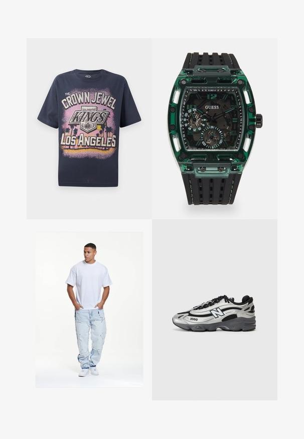 Rudas kamufliažo raštas džemperis su apvalia iškirpte, ilgomis rankovėmis ir šonkaulinėmis rankovėmis, pagamintas iš minkštos, tekstūruotos medžiagos.; Tamsiai mėlynas medvilnės marškinėliai su grafiniu spaudiniu, kuriame yra tekstas "KARALIŠKI PERLIŲ KINGS OF LOS ANGELES" ir palmės siluetai.; Balta medvilninė marškinėliai, laisva forma, derinami su šviesiai mėlynomis nudėvėtomis džinsinėmis kelnėmis, turinčiomis nusidėvėjusių kraštų ir juodų dažų purslų akcentų.; Sidabrinės ir juodos sportinės bateliai su tinkliniu viršumi, paminkštintu padu, raištelių užsegimu ir šoniniu logotipu.; Guess laikrodis su stačiakampiu žaliu plastiko korpusu, juodu tekstūruotu guminiu dirželiu ir keliais ciferblatais su ryškiais skaičiais bei akcentais.