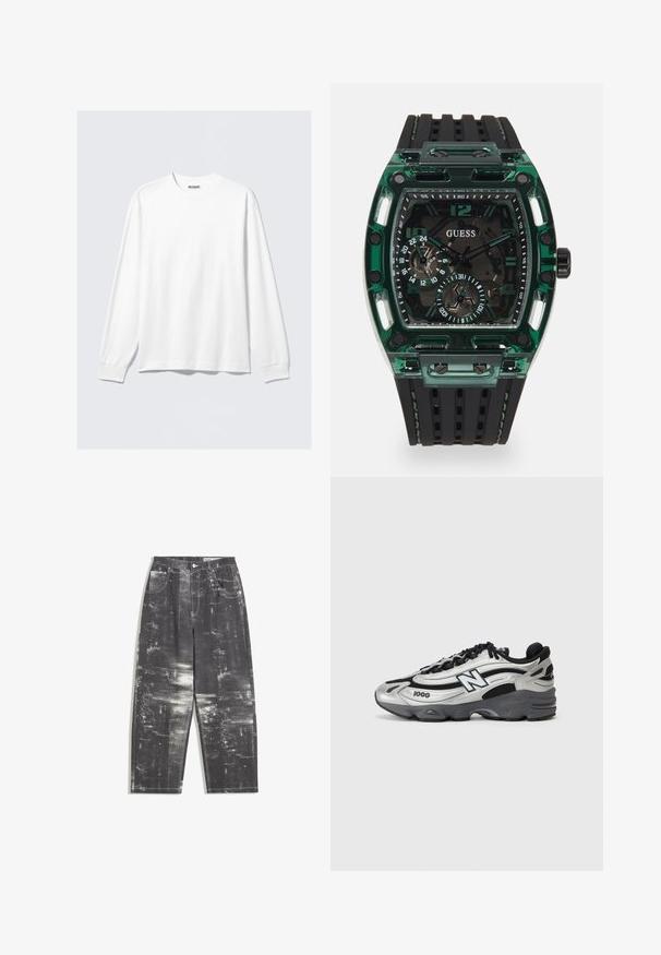 Barna kamuflázsmintás pulóver kerek nyakkal, hosszú ujjakkal és bordás mandzsettával, puha, texturált anyagból készült.; Fehér, hosszú ujjú, kerek nyakú póló bordázott mandzsettákkal és egy kis "WEEKDAY" márkacímkével a nyakánál.; Fekete farmernadrág texturált, absztrakt mintázattal szürke árnyalatokban, klasszikus ötpocket dizájnnal és egyenes szárral.; Ezüst és fekete sportcipők, hálós felsőrésszel, párnázott talppal, fűzős kialakítással és oldalsó márkázással.; Guess óra, téglalap alakú zöld műanyag házzal, fekete texturált gumipánttal, és számos tárcsával, amelyek karakteres számokkal és kiemelésekkel rendelkeznek.