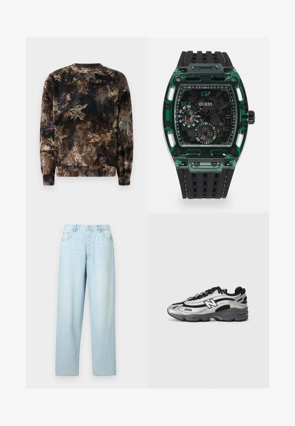 Sweatshirt cu un model de camuflaj maro, cu guler tip crew neck, mâneci lungi și mansete din material ribat, realizat dintr-un material moale și texturat.; Jeans de culoare albastru deschis, cu talie înaltă și croială dreaptă, realizate din denim, având cinci buzunare și închidere frontală cu nasture.; Încălțăminte sportivă argintie și neagră cu un superior din plasă, talpă cu amortizare, design cu șiret și detalii de branding pe lateral.; Ceas Guess cu o carcasă rectangulară din plastic verde, curea din cauciuc texturat negru și mai multe cadrane cu numere îndrăznețe și accente.