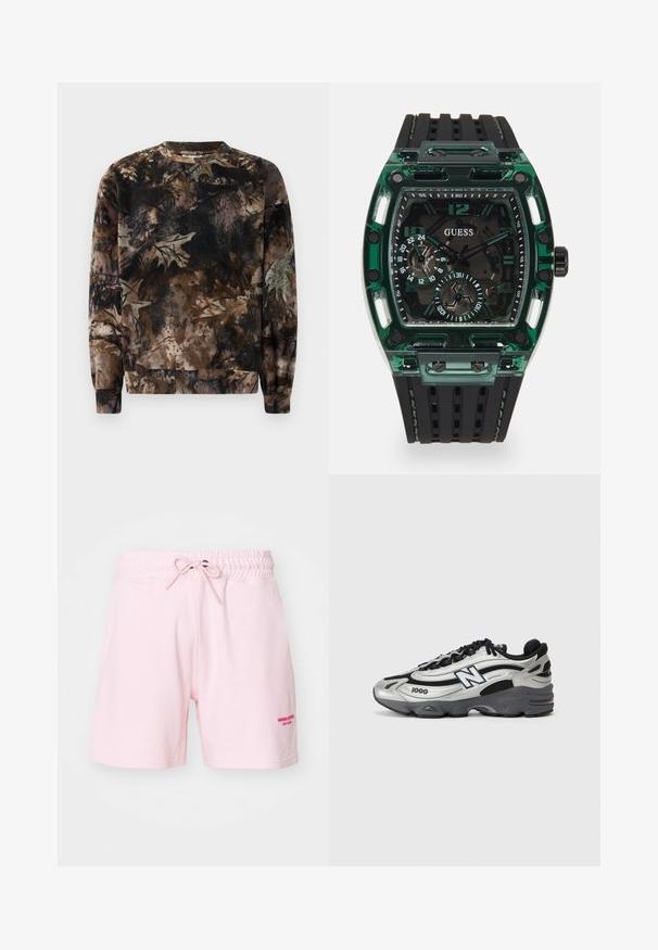 Sudadera marrón con patrón de camuflaje, con cuello redondo, mangas largas y puños acanalados, hecha de una suave tela texturizada.; Pantalones cortos de algodón rosa claro con cintura elástica y cordón. Presenta texto bordado en rosa más oscuro en la parte frontal derecha.; Zapatillas deportivas plateadas y negras con parte superior de malla, suela acolchada, diseño de cordones y detalle de marca en el costado.; Reloj Guess con caja rectangular de plástico verde, correa de goma texturizada negra y múltiples esferas con números y acentos en negrita.