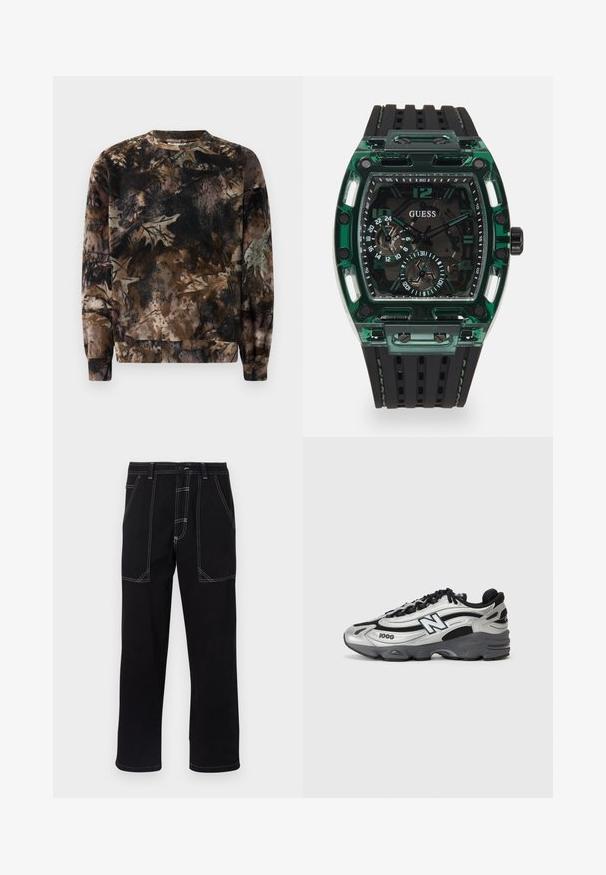 Ruskea maastokuvioinen collegepaita, jossa on pyöreä kaula-aukko, pitkät hihansuut ja ribbaatut hihansuut, valmistettu pehmeästä, teksturoituvasta kankaasta.; Mustat housut kestävästä kankaasta. Ominaisuuksiin kuuluu kontrastiväriset valkoiset saumat, useita taskuja ja suora lahje.; Hopeanväriset ja mustat urheilukengät, joissa on verkkosynteettinen päällinen, pehmustettu pohja, nauhakiinnitys ja sivupainatus.; Guess-kellossa on suorakulmainen vihreä muovikotelo, musta teksturoidusta kumihihna ja useita kellotauluja, joissa on rohkeat numerot ja korostukset.